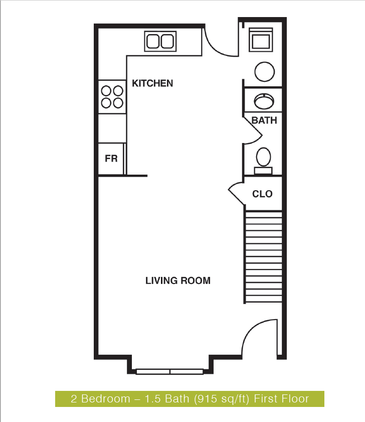 Floor plan for 2 beds, 1.5 baths, 1015 sqft